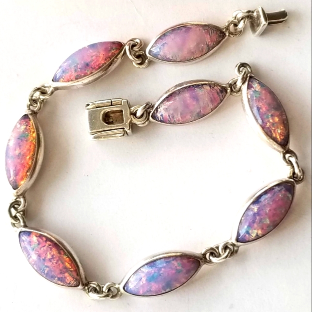 D MONTERO TAXCO 950 Sterling Silver Simulated Pink Opal 7" Bracelet